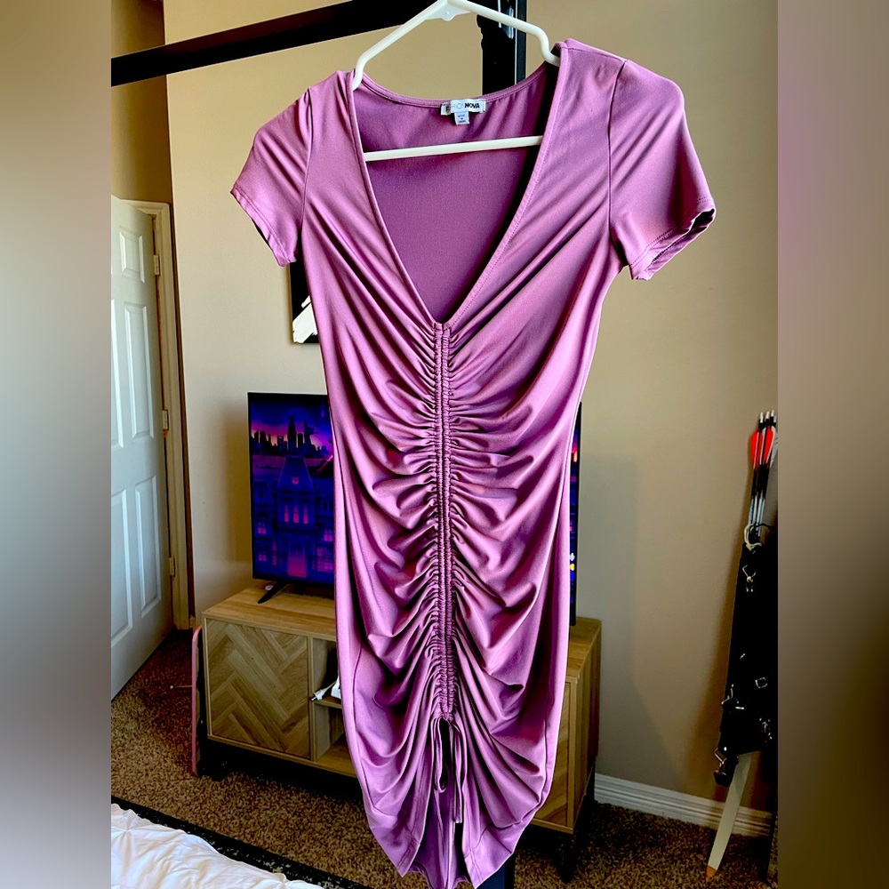 Purple body con ruched dress